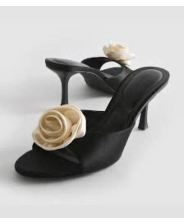 PRIMARK BLACK FLORAL SATIN MULE HEELS