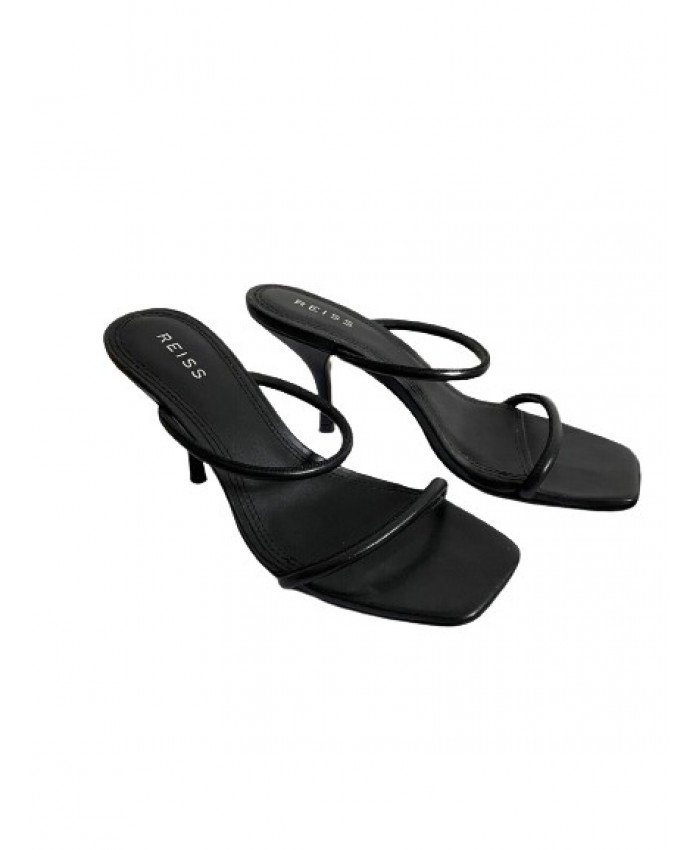 REISS Magda Black Leather Strappy Heeled Slide